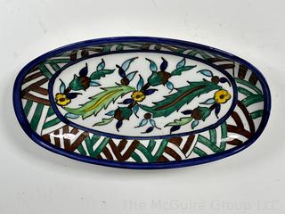 Vintage Jerusalem Hand Painted Pottery Dish, Signed by Artist. 6w x 10" long