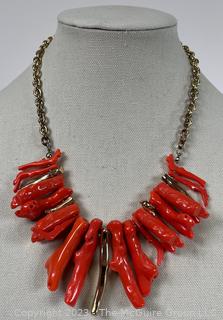 Large Costume Red Bamboo Coral & Brass Link Necklace