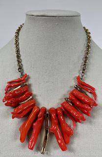 Large Costume Red Bamboo Coral & Brass Link Necklace