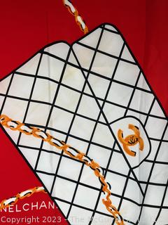 Chanel Red & White Purse Design Silk Scarf. 33" x 35"