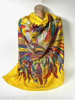 Yellow Silk Gucci Scarf with Feather Design.  34" square.