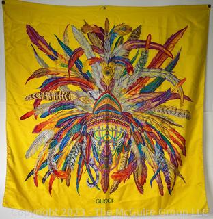 Yellow Silk Gucci Scarf with Feather Design.  34" square.