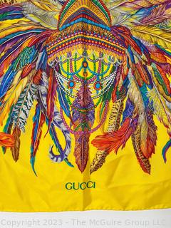 Yellow Silk Gucci Scarf with Feather Design.  34" square.