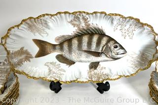 Antique Tressemann & Vogt Limoges Hand Painted Porcelain Fish Set with 12 Plates and a Platter.  One handle of platter has been damaged.  