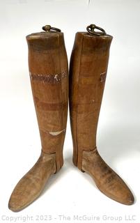 Two (2) Antique Equestrian Wood Boot Keeps or Forms from Maxwell 8 Dover St London. This pair of boot stretchers from the late 1800's separate into four sections that are dovetailed together with metal ring for hanging.  