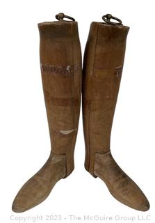 Two (2) Antique Equestrian Wood Boot Keeps or Forms from Maxwell 8 Dover St London. This pair of boot stretchers from the late 1800's separate into four sections that are dovetailed together with metal ring for hanging.  