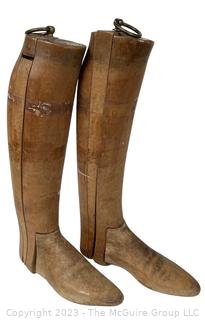 Two (2) Antique Equestrian Wood Boot Keeps or Forms from Maxwell 8 Dover St London. This pair of boot stretchers from the late 1800's separate into four sections that are dovetailed together with metal ring for hanging.  