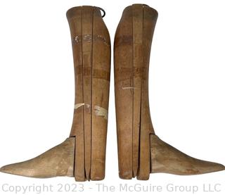 Two (2) Antique Equestrian Wood Boot Keeps or Forms from Maxwell 8 Dover St London. This pair of boot stretchers from the late 1800's separate into four sections that are dovetailed together with metal ring for hanging.  