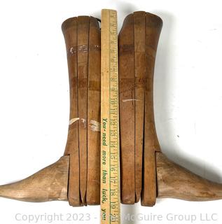 Two (2) Antique Equestrian Wood Boot Keeps or Forms from Maxwell 8 Dover St London. This pair of boot stretchers from the late 1800's separate into four sections that are dovetailed together with metal ring for hanging.  