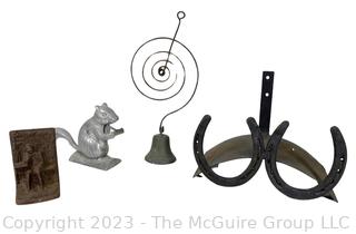 Vintage Metalware Including Squirrel Nutcracker, Horse Shoe Hose Rest and Bookend.