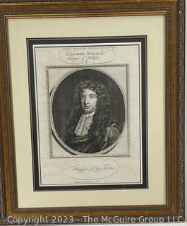 Framed Under Glass Engraving of George Savile, 1st Marquis of Halifax, 1633 - 1695 by A Bannerman 1734.  14" x 17".