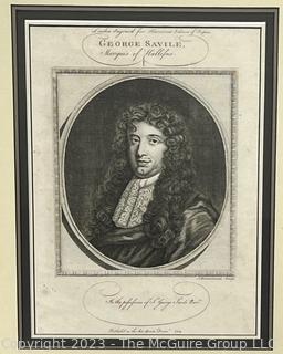 Framed Under Glass Engraving of George Savile, 1st Marquis of Halifax, 1633 - 1695 by A Bannerman 1734.  14" x 17".