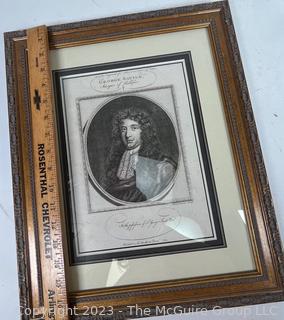 Framed Under Glass Engraving of George Savile, 1st Marquis of Halifax, 1633 - 1695 by A Bannerman 1734.  14" x 17".