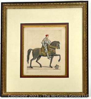 Framed Under Glass Color Lithograph of a Cavalry Soldier, Italy, 15th Century, by Bonnard, 1860.  15" x 17".