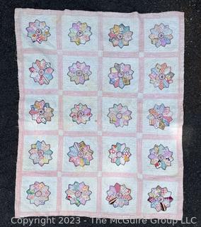 Hand Stitched Flour Sack Quilt in Dresden Plate Pattern.  36" x 46".