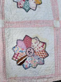 Hand Stitched Flour Sack Quilt in Dresden Plate Pattern.  36" x 46".