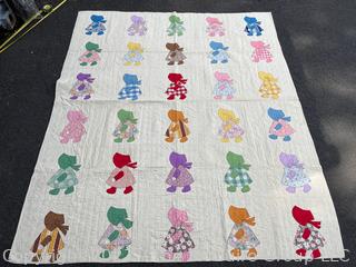 Hand Stitched Flour Sack Quilt in Sunbonnet Sue Pattern. 73" x 87"