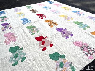 Hand Stitched Flour Sack Quilt in Sunbonnet Sue Pattern. 73" x 87"