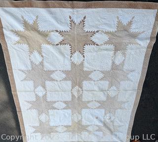 Hand Stitched Flour Sack Quilt in Dresden Feathered Star Pattern. Staining. 77" x 96"