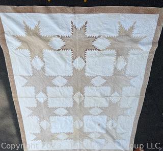 Hand Stitched Flour Sack Quilt in Dresden Feathered Star Pattern. Staining. 77" x 96"