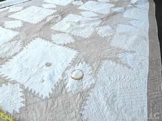 Hand Stitched Flour Sack Quilt in Dresden Feathered Star Pattern. Staining. 77" x 96"