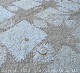 Hand Stitched Flour Sack Quilt in Dresden Feathered Star Pattern. Staining. 77" x 96"