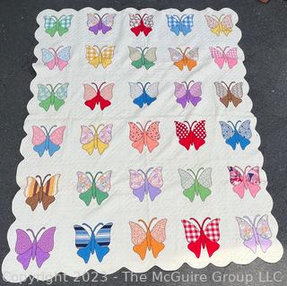 Hand Stitched Flour Sack Quilt in Butterfly Pattern. 70" x 87"