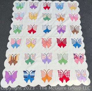 Hand Stitched Flour Sack Quilt in Butterfly Pattern. 70" x 87"