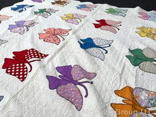 Hand Stitched Flour Sack Quilt in Butterfly Pattern. 70" x 87"