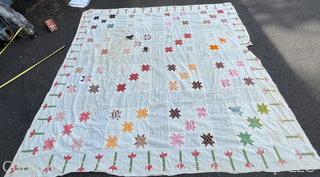 Hand Stitched Flour Sack Unfinished Quilt Topper.  Some damage. 81" x 82"