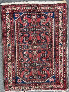 Hand Woven Wool Persian Area Rug on Red Ground.  32" x 24".