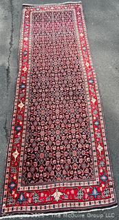 Hand Woven Wool Persian Runner Area Rug on Blue Ground and Red Edge.  10'10" x 3'8"