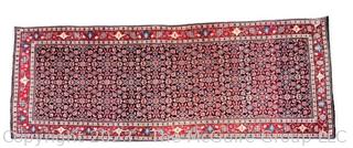 Hand Woven Wool Persian Runner Area Rug on Blue Ground and Red Edge.  10'10" x 3'8"