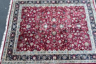 Hand Knotted Mashhad Persian Area Rug in Traditional Red & Blue Floral Design.  8' x 10'.