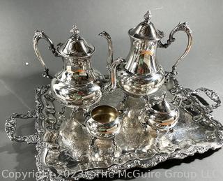 Silver on Copper Tea Set with Serving Tray. 