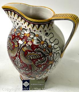 Fima Deruta Hand Painted Italian Majolica Pottery Pitcher. 11" Tall