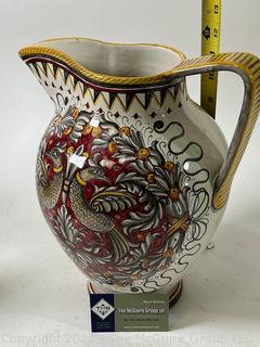 Fima Deruta Hand Painted Italian Majolica Pottery Pitcher. 11" Tall