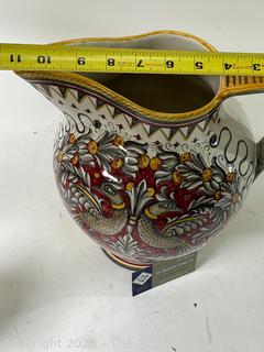 Fima Deruta Hand Painted Italian Majolica Pottery Pitcher. 11" Tall