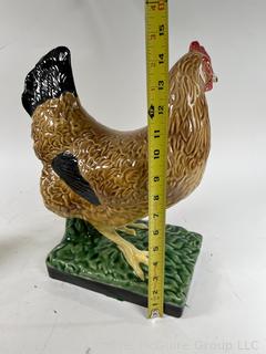 Bordallo Pinheiro Majolica Porcelain Chicken Sculpture Made in Portugal.  15" tall