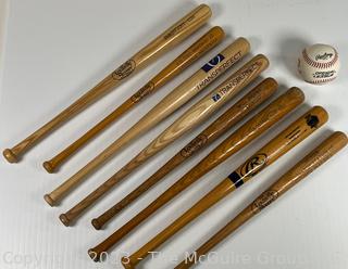 Eight (8) Miniature Collector Wooden Baseball Bats with Ball