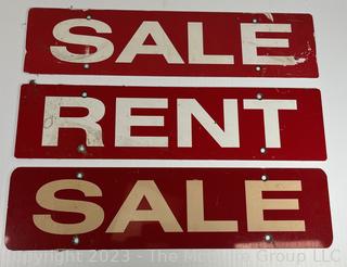 Three (3) Vintage Real Estate Signs - Sold, Sale & Rent. 6" x 24".