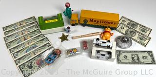 Group of Play Money and Die Cast Trucks and Toys Including Mayflower Moving Van.