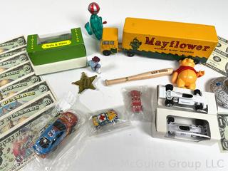 Group of Play Money and Die Cast Trucks and Toys Including Mayflower Moving Van.