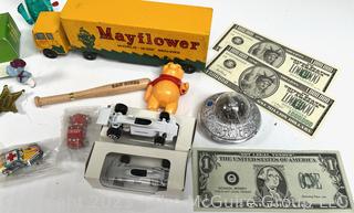 Group of Play Money and Die Cast Trucks and Toys Including Mayflower Moving Van.