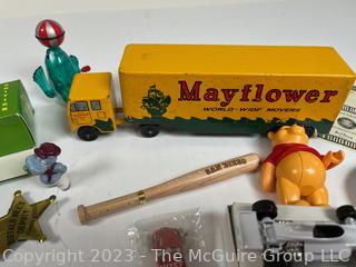 Group of Play Money and Die Cast Trucks and Toys Including Mayflower Moving Van.