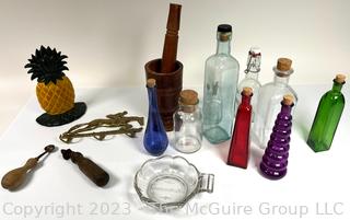 Mix of Glass Decorative Bottles and Barware, including Clear Glass Lansburgh & Bro. Washington DC Shallow Bowl  