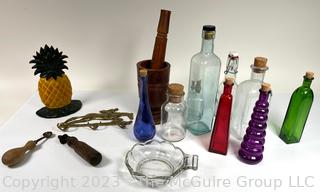 Mix of Glass Decorative Bottles and Barware, including Clear Glass Lansburgh & Bro. Washington DC Shallow Bowl  