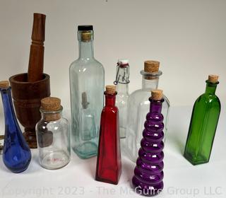 Mix of Glass Decorative Bottles and Barware, including Clear Glass Lansburgh & Bro. Washington DC Shallow Bowl  