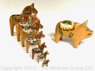 Collection of Vintage Swedish Dala Horses by Nils Olsson and a Pig