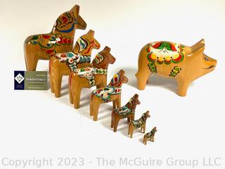 Collection of Vintage Swedish Dala Horses by Nils Olsson and a Pig